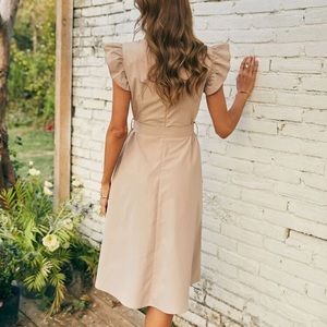 V neck ruffle sleeve belted dress